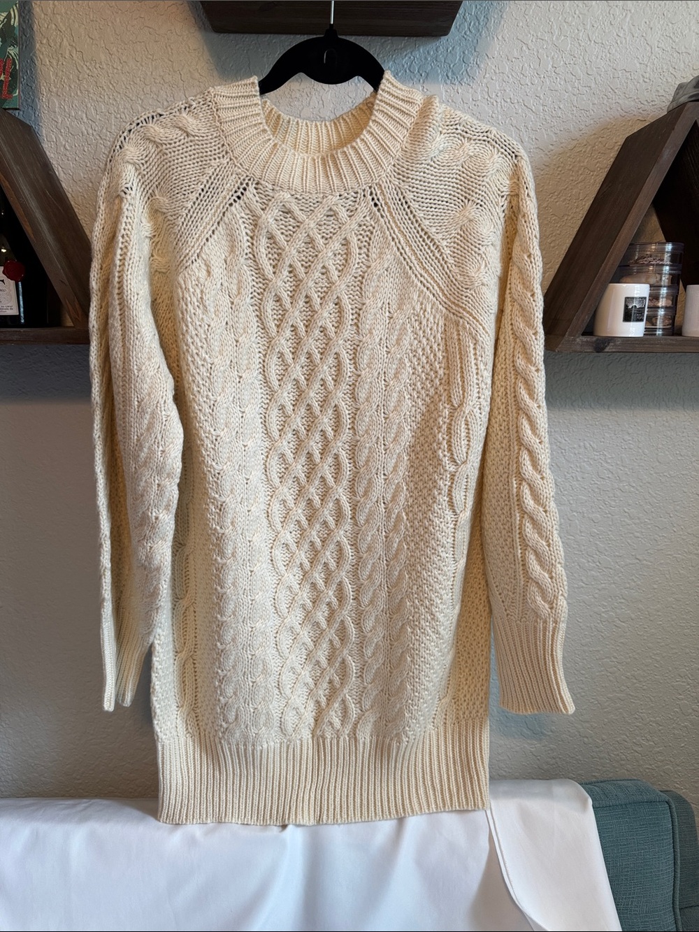 Women’s Cream Cable-Knit Crewneck Mini Sweater Dress
